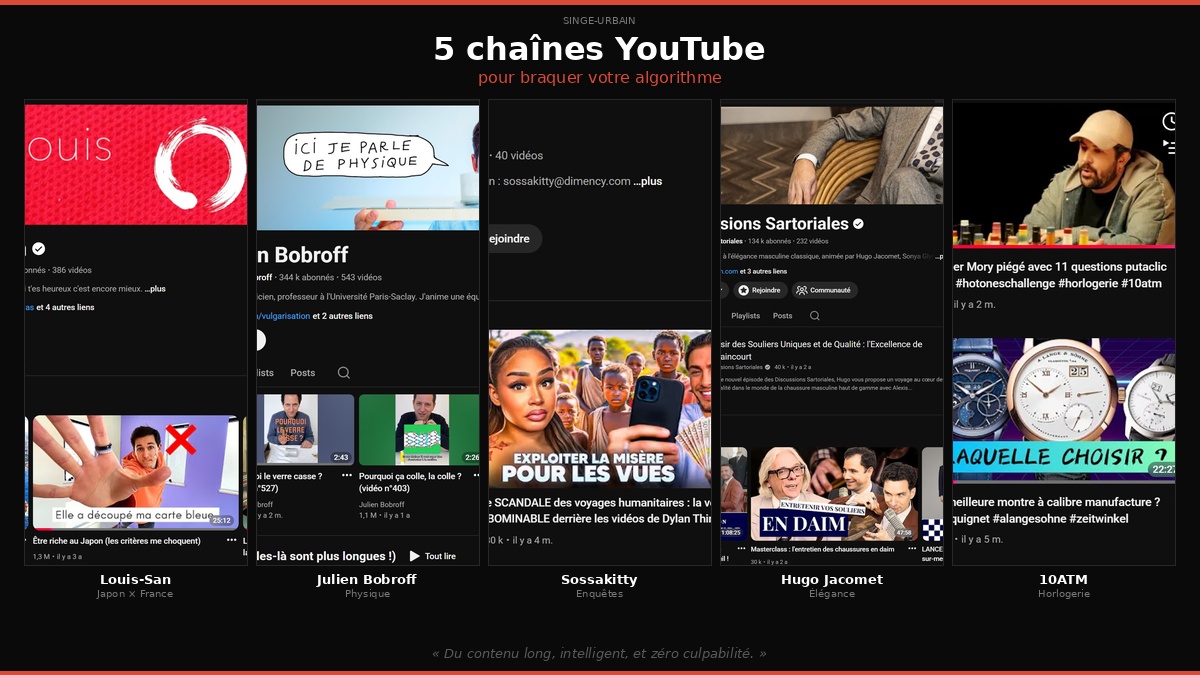 Meilleures chaînes YouTube recommandations 2026 Louis-San Julien Bobroff Sossakitty Hugo Jacomet 10ATM