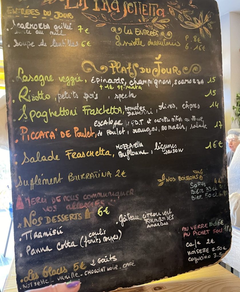 Menu ardoise du restaurant italien La Fraschetta à Montreuil