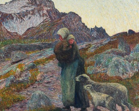 Œuvre de Giovanni Segantini avec mère, enfant, mouton et paysage de montagne, entre pastoralisme et symbolisme
