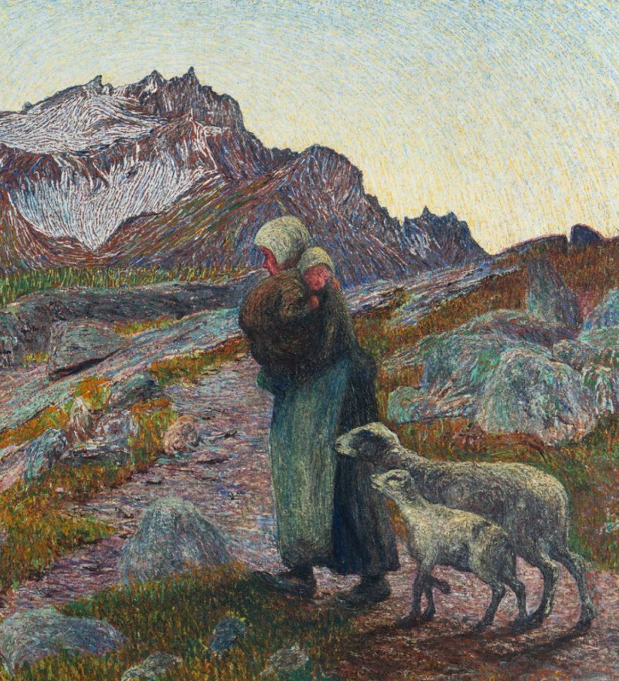 Œuvre de Giovanni Segantini avec mère, enfant, mouton et paysage de montagne, entre pastoralisme et symbolisme