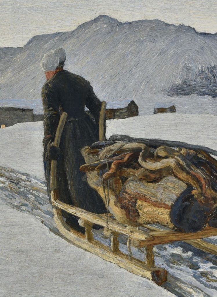 Paysage alpin enneigé de Giovanni Segantini avec traîneau, lumière froide et montagnes des Grisons