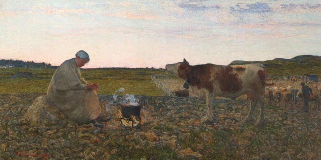 Scène pastorale de Giovanni Segantini avec femme et vache, peinture de la vie rurale et de la lumière alpine