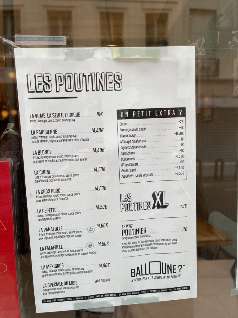 Menu des poutines à La Poutinerie Paris 10e