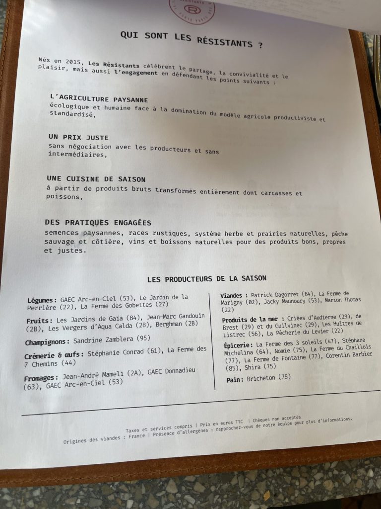 Démarche paysanne et producteurs de saison détaillés sur le menu des Résistants à Paris