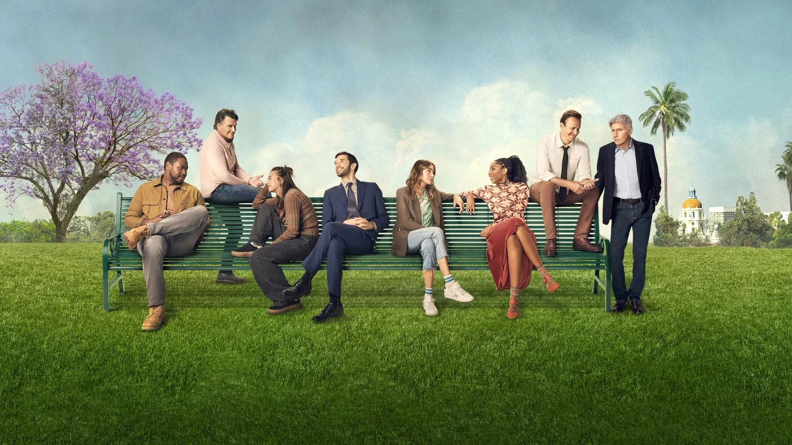 Affiche de la série Shrinking avec le casting assis sur un banc en Californie