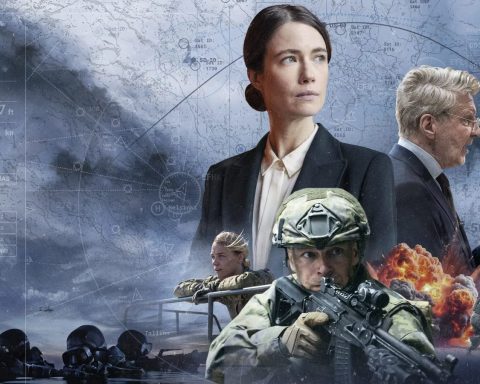 Conflict série finlandaise, affiche officielle avec présidente, soldats et carte militaire