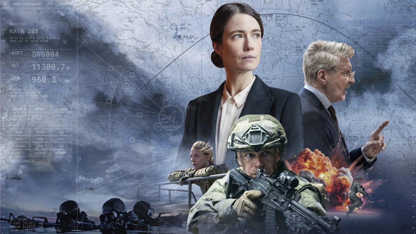 Conflict série finlandaise, affiche officielle avec présidente, soldats et carte militaire