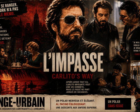 Affiche éditoriale Singe-Urbain pour L’Impasse (Carlito’s Way), montage cinématographique rouge et noir autour de Carlito Brigante et du New York criminel.