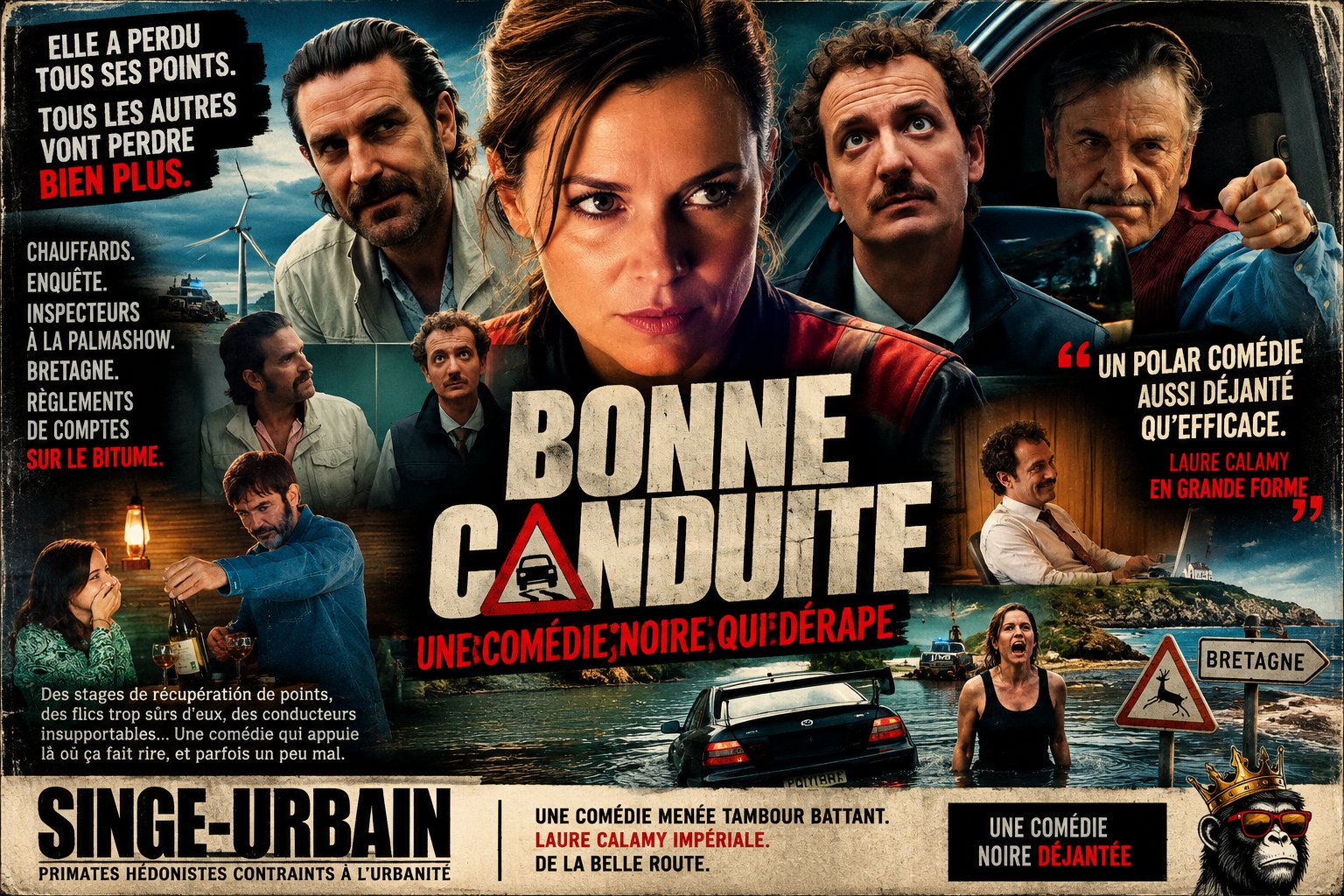 Composition Singe-Urbain pour Bonne Conduite, comédie noire avec personnage principal, inspecteurs, bar breton et voiture immergée.