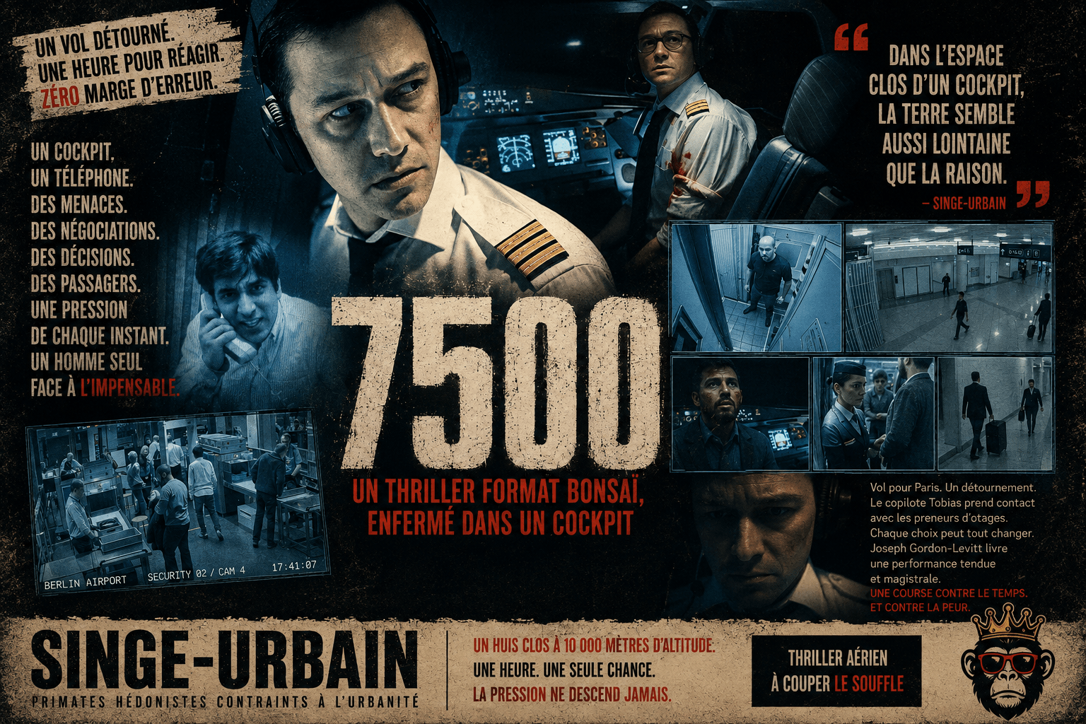 Affiche Singe-Urbain de 7500 : citations, cockpit et scènes clés du thriller de Patrick Vollrath.