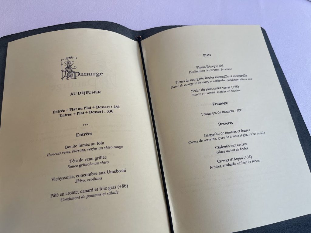 La formule déjeuner et la carte du restaurant Panurge, entrées, plats et desserts.