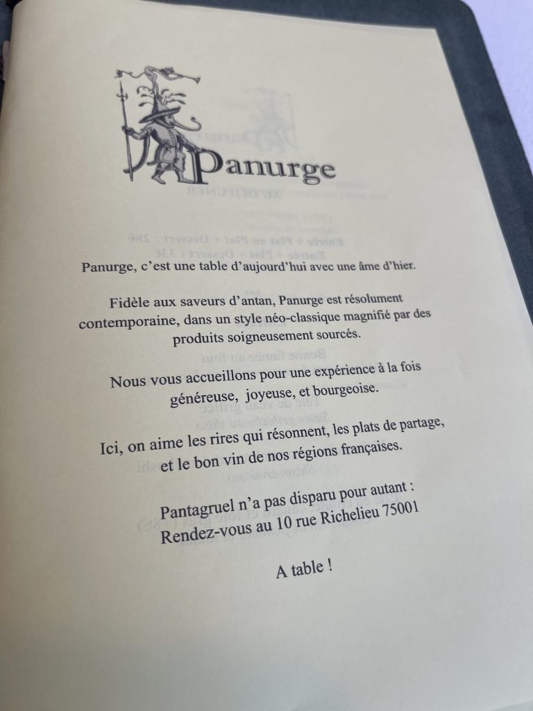 La page "profession de foi" du menu du restaurant Panurge à Paris.